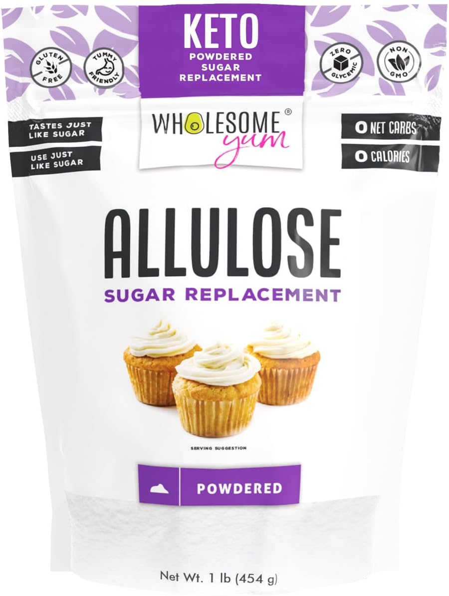 Wholesome Yum Powdered Allulose Sweetener - Natural Powdered Sugar Substitute - Keto, Non GMO, Zero Carb, 0 Calorie, Sugar Free, No Aftertaste Tummy Friendly - Confectioners Sugar Replacement (1 lb)