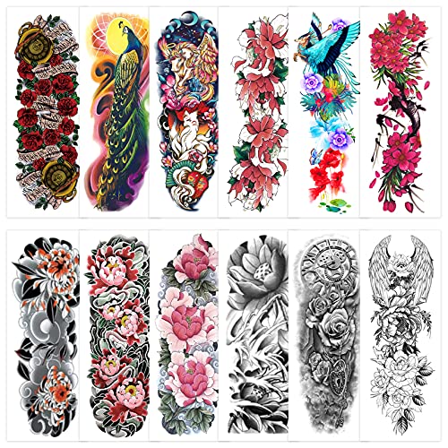 Full Arm Tattoo Temporary 12 Sheets ,Sleeve Tattoos Transfer Sticker,Realistic Long-lasting and Waterproof Fake body Tattoo for Women and kids