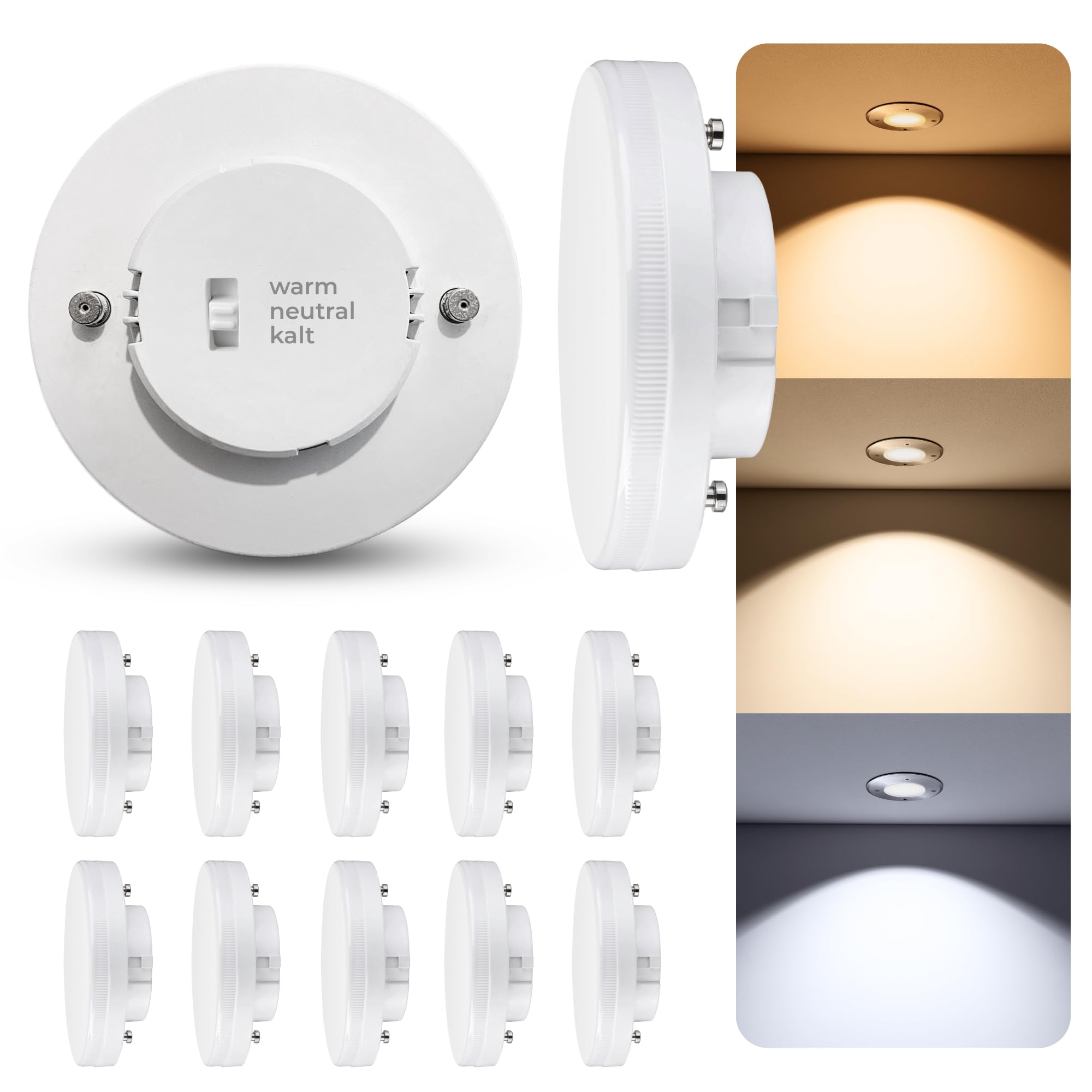 SSC-LUXon LumiFLEX GX53 Lampe 10er Set LED 5W 3 Lichtfarben 230V Ersatz | Zehn GX53 Lampen mit 3 Lichtfarben - warm / neutral / kalt per Schalter, flimmerfrei, direkt an 230V, Halogen-Ersatz