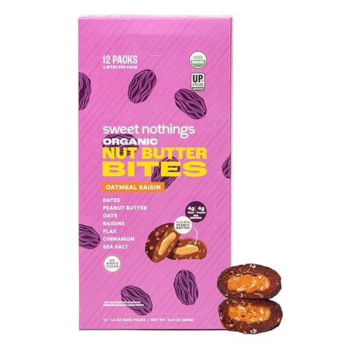 Sweet Nothings, Barra de proteína de nueces y pasas de avena, USDA orgánica, bocaditos de mantequilla de nuez, snack de nuez y dátil, rellena de