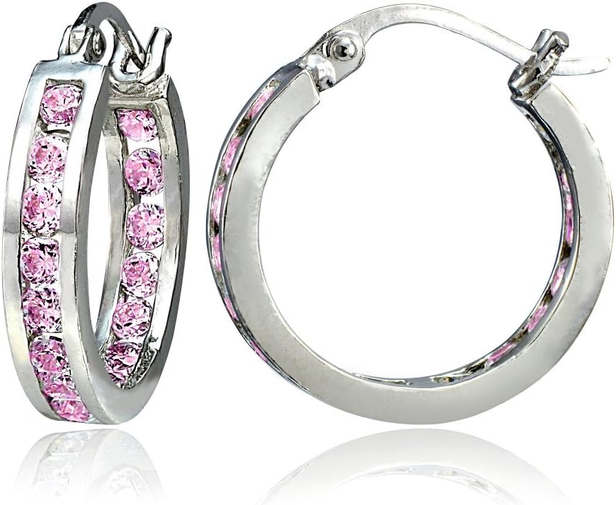 Hoops & Loops 925 Sterling Silver Pink Cubic Zirconia Inside Out Channel-Set Round Click-Top Hoop Earrings for Women Teen Girls