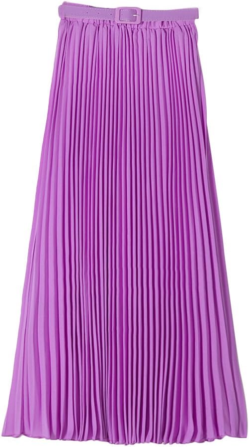 Womens Chiffon Pleated Bohemian Beach Maxi Skirt High Elastic Waist Swing A-line Skirt with Belt