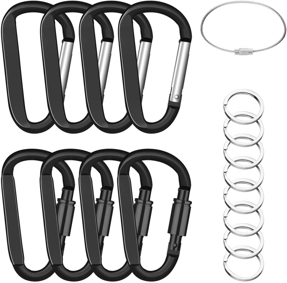 EFIXTK 8 Pack 8CM Carabiner Clips with Keyrings and Wire Keychain,ALuminum Locking Large D Ring Shap Caribina Carribeana