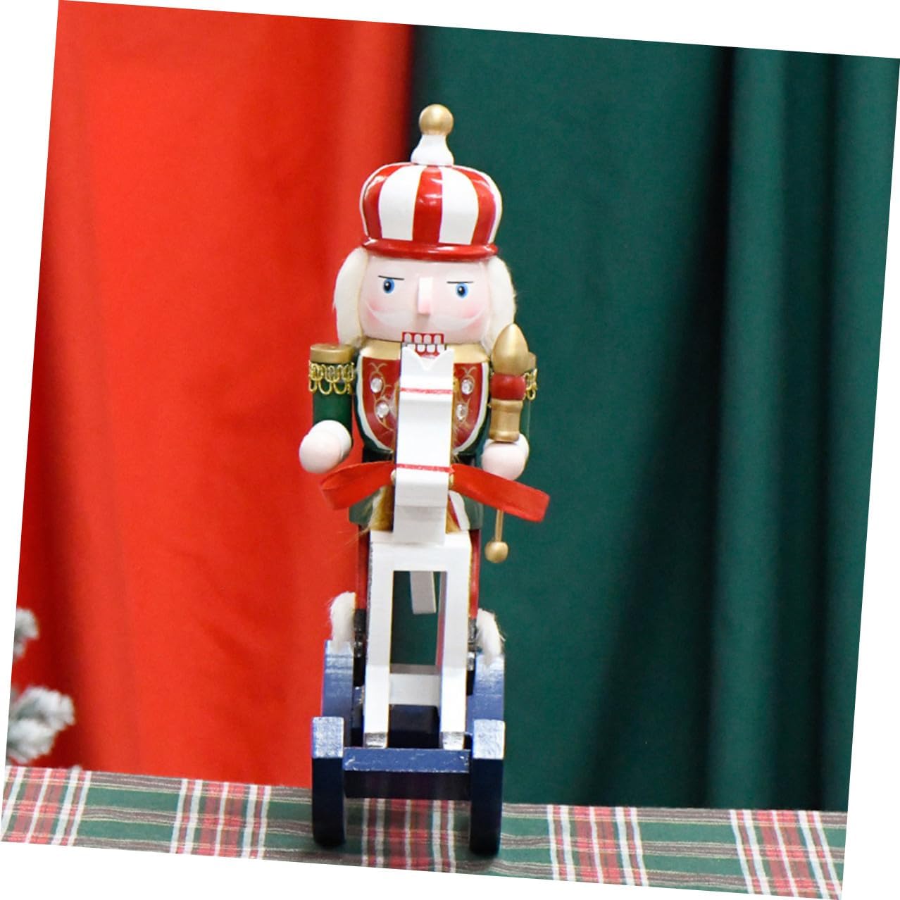 GARVALON 30cm Wooden Nutcracker Soldier Figurine Rocking Horse Base Traditional Christmas Nutcracker Decoration for Holiday Tabletop Display