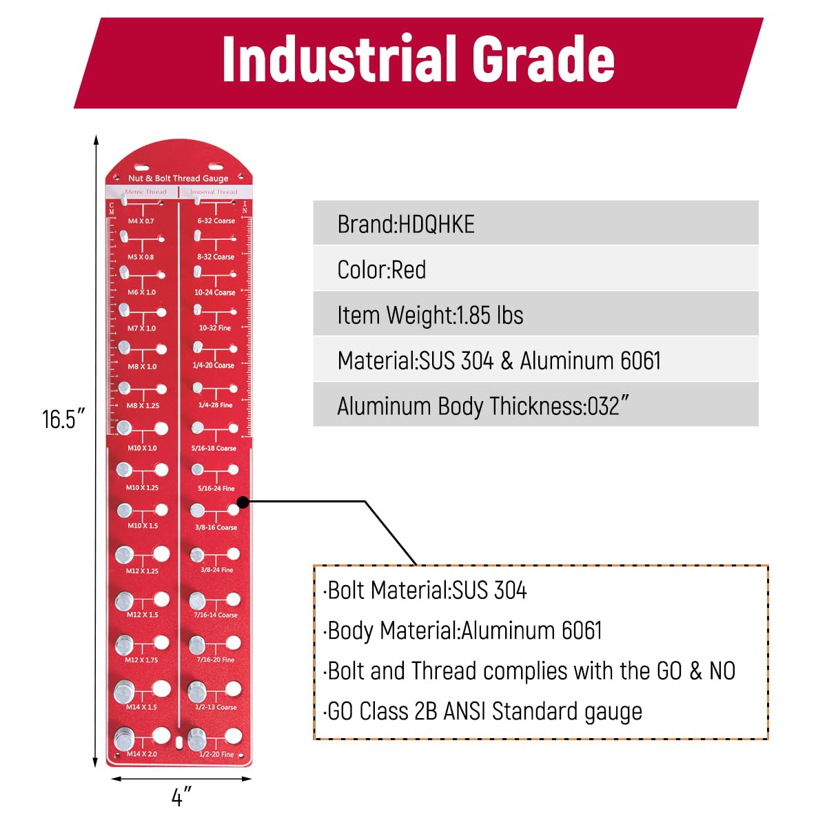 Nut and Bolt Thread Checker, Thread Gauge, Bolt and Nut Identifier Gauge,Identibolt 14 Inch & 14 Metric, Checking Sizes for Nut Bolt, Red