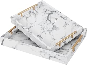 SwallowLiving Set of 2 White Fake Marble Serving Tray with Gold Polished Metal Handles White Decorative Wood Tray PU Leather with Brushed Gold for Coffee Table Ottoman Console Table Decor