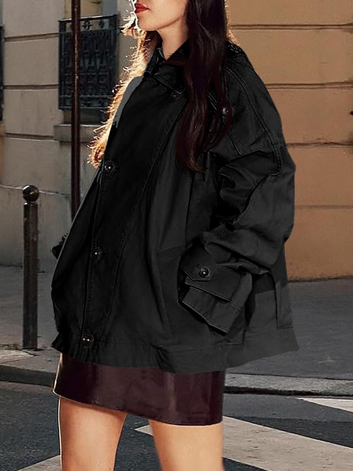 Tankaneo Womens Oversized Trench Coat Single Breasted Lapel Casual Coats Short Jacket Fall Outerwear - Image 5