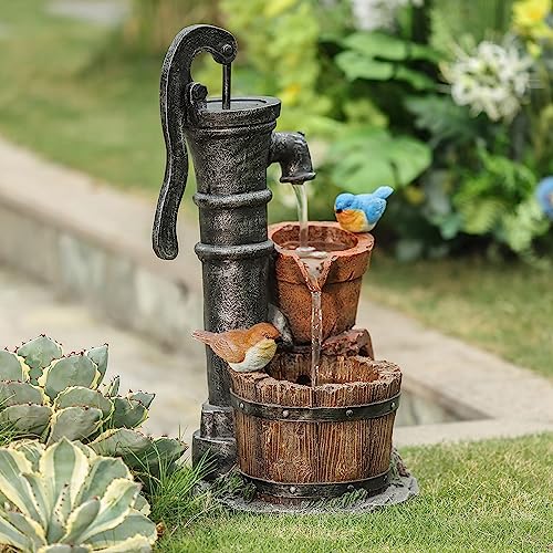 Luxenhome Water Fountain Outdoor Garden, Resin Barrel, Birds And Water Pump Outdoor Fountains And Waterfalls, 25" Water Features Outdoor Patio Farmhouse Fountain, Outdoor Water Fountains Garden Statue #TOP6