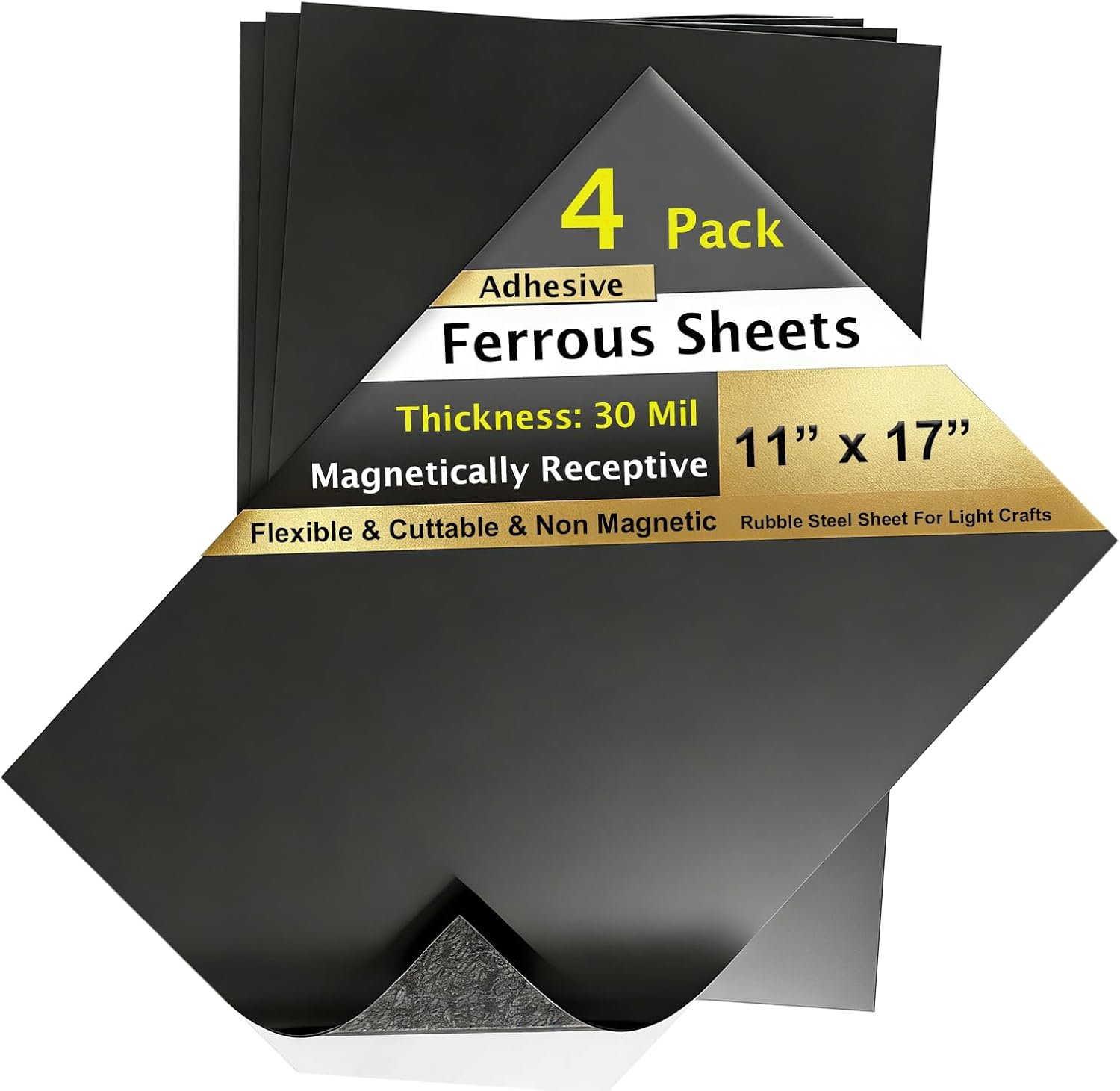 4Pack, 11"x17" Rubber Metal Sheets For Magnets, Flexible Ferrous Sheet Steel Vinyl Magnetically-Receptive with Adhesive, Flat Iron Pad Work with All Magnets