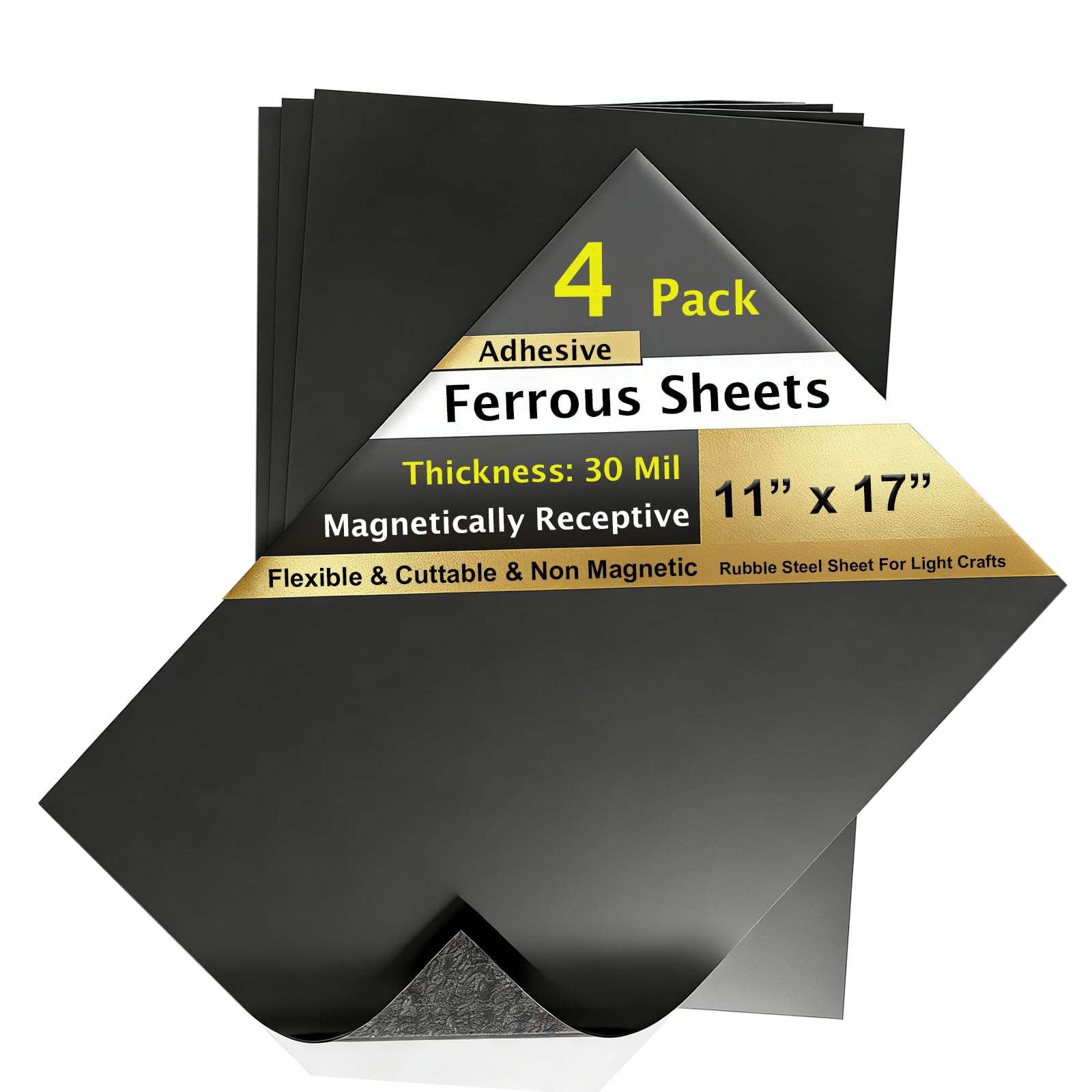 Flexible Steel Vinyl Magnetically-Receptive Sheet,11"x17" 4 Pcs,Magnetically Receptive Sheeting with Adhesive, Flat Rubber Metal Sheets,Flexible Iron