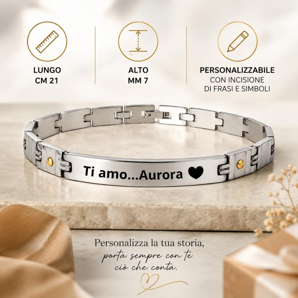Bracciale Uomo Personalizzabile con Incisione in Acciaio Inox ed Elementi in Oro, Incidi Frasi Simboli Date e Nomi, Gioiello Personalizzato per Marito Fidanzato Compagno, Idea Regalo per Lui