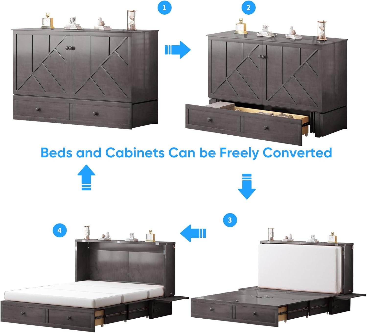 PUREMIND Murphy Bed Queen with Mattress Included - Solid Wood Hideaway Cabinet Bed with 2 Storage Drawers, USB Charging Ports & Headboard - Space-Saving Chest Beds for Home, Guest Room, Gray | 1000 LBS, USB & AC Ports, Storage Drawer, Easy Assembly, Sturdy Frame, Space-saving Fold