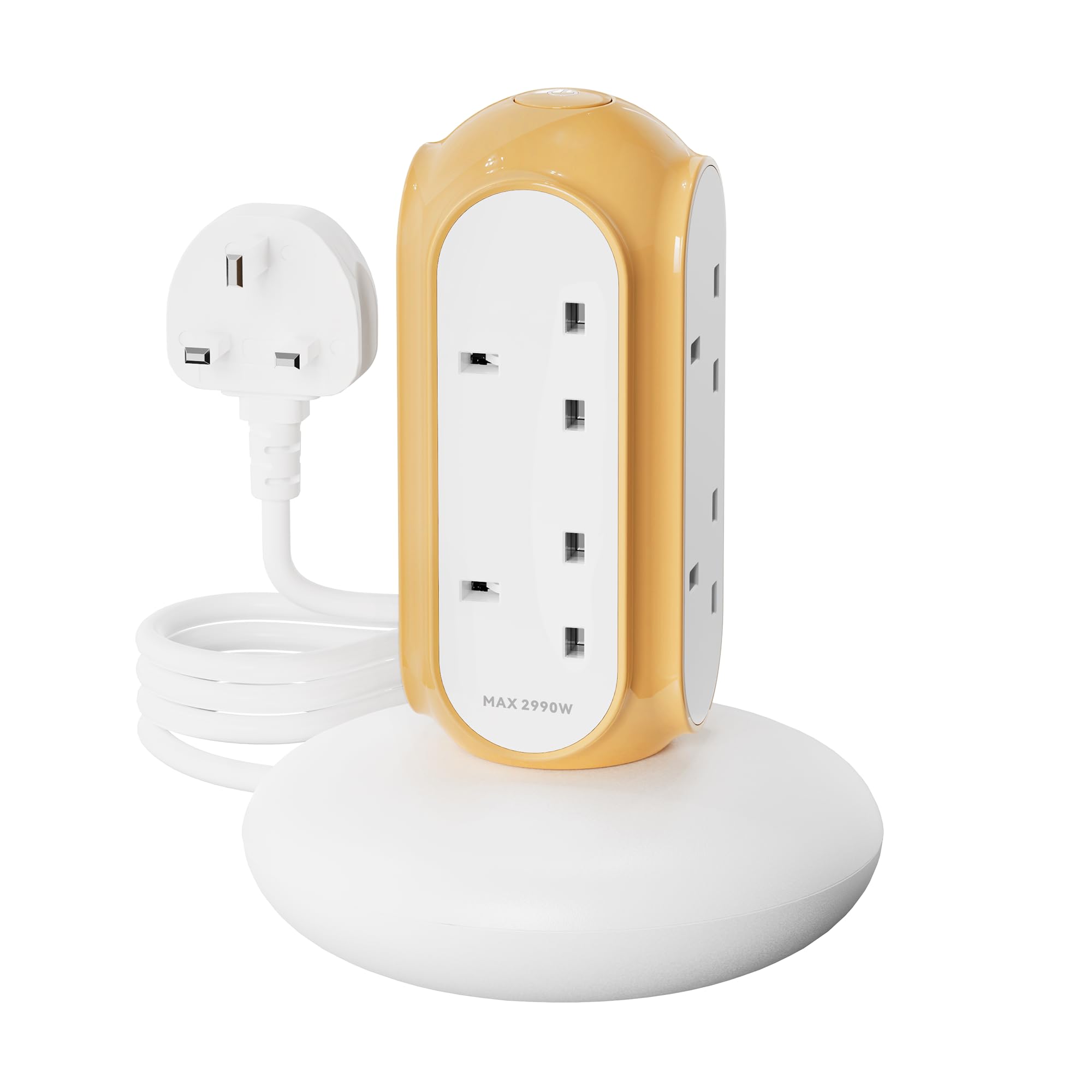 MiaoLab Tower Extension Lead 6 Way (6 Gang), 13A 2990W, 1420J Surge Protected Extension Lead, Overload Cut-Off, Switched Plug Tower, 2m Extension Cable, 850°C Flame-Retardant Housing, Weighted Base