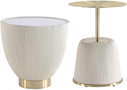 Manhattan Comfort Modern Anderson End Table 1.0 and End Table 2.0 Upholstered in Cream Leatherette with Ceramic Faux Tabletop and Gold Metal Tabletop- Set of 2