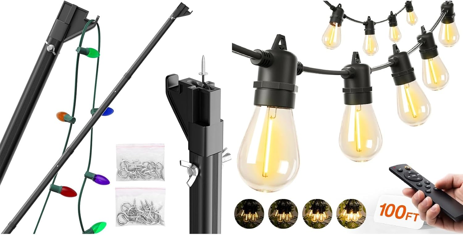 addlon 100FT LED Outdoor String Lights and Telescopic Extension Pole