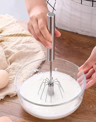 Miniatura 6 de Batidor semiautomático (paquete de 4), batidor de huevos de acero inoxidable de 10 pulgadas, batidora giratoria de mano para espumar leche versátil,