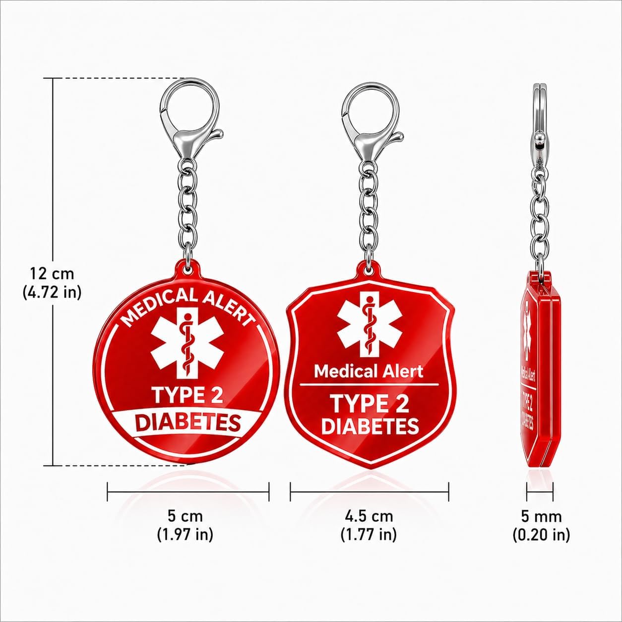 Type 1 & Type 2 Diabetes Medical Alert Keychain, 2PK with 4 Emergency Info Cards & 4 Card Holders