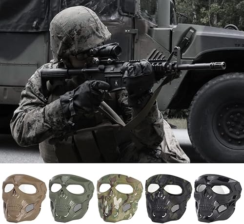 Miniatura 10 de Máscara táctica ajustable Airsoft máscara protectora de cara completa Paintball equipo con gafas de Halloween máscara de esqueleto, Camuflaje Verde