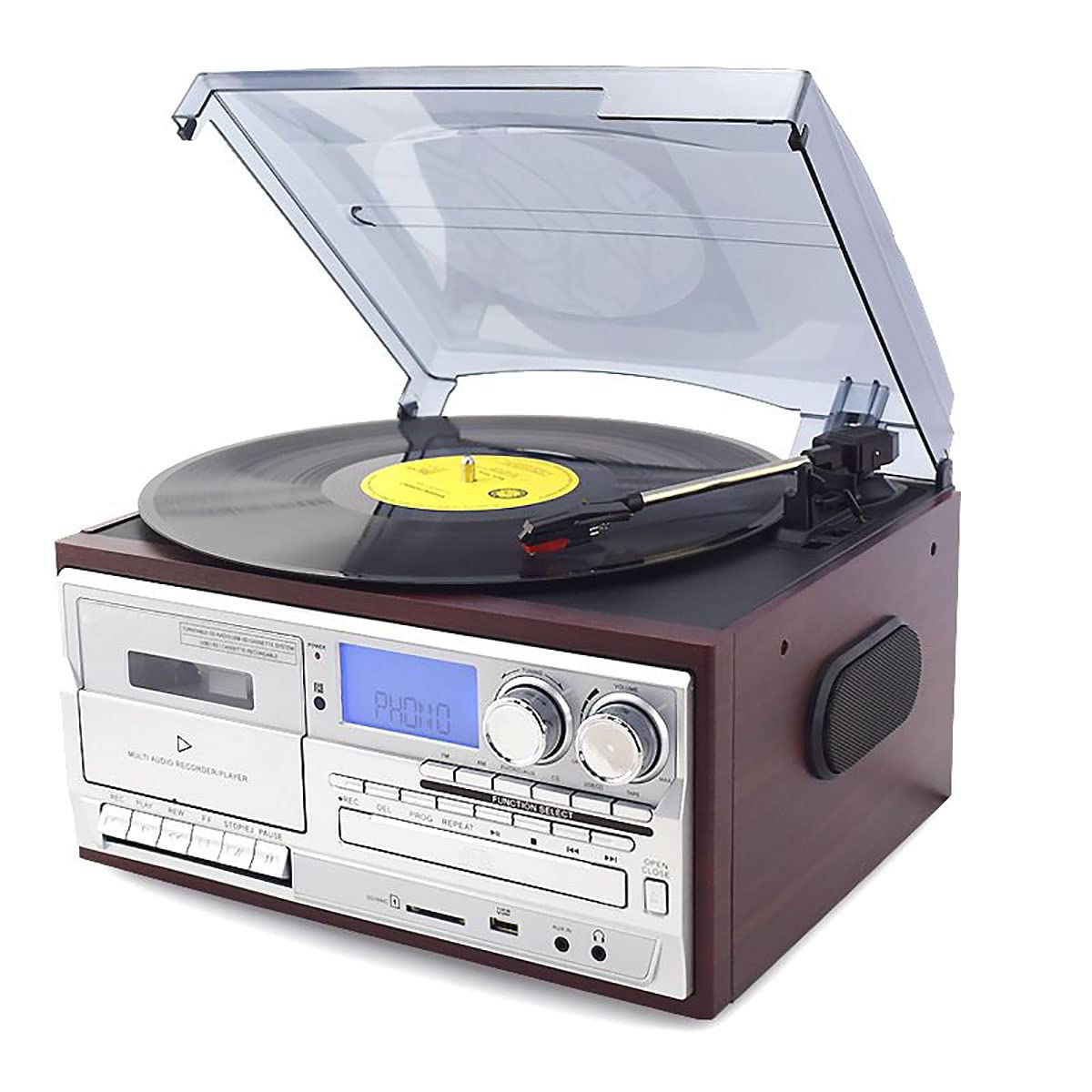 Giradischi multifunzione con lettore CD, radio, slot per cassette, registrazione USB/SD, telecomando e sistema di trasmissione a cinghia