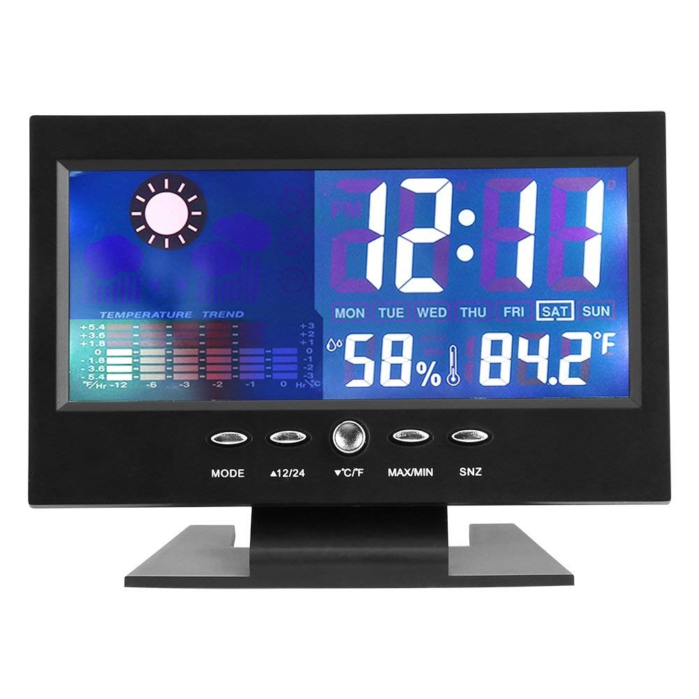 Thermometer Hygrometer, C/°F Multifunctional Indoor Colorful Digital Temperature Humidity Meter Clock Comfort Level Weather Forecast