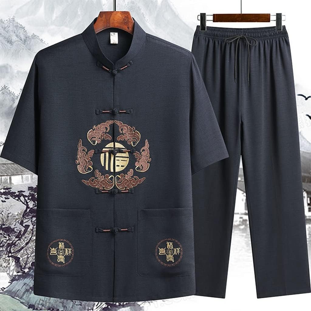 Chinese Traditional Suit Uniform for Men Short Sleeves Linen Shirts Embroidery(XXXX-Large)