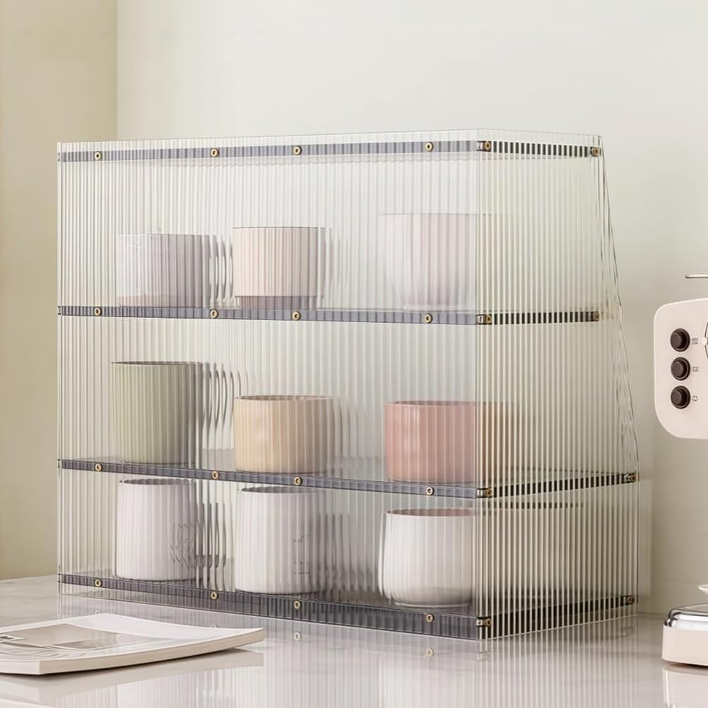 3-Tier Clear Acrylic Organizer, Mug Shelf with Sliding Doors, Display Coffee Cup Holder, Pantry Cabinet for Bowls, Spices, or Bathroom Storage,Brown
