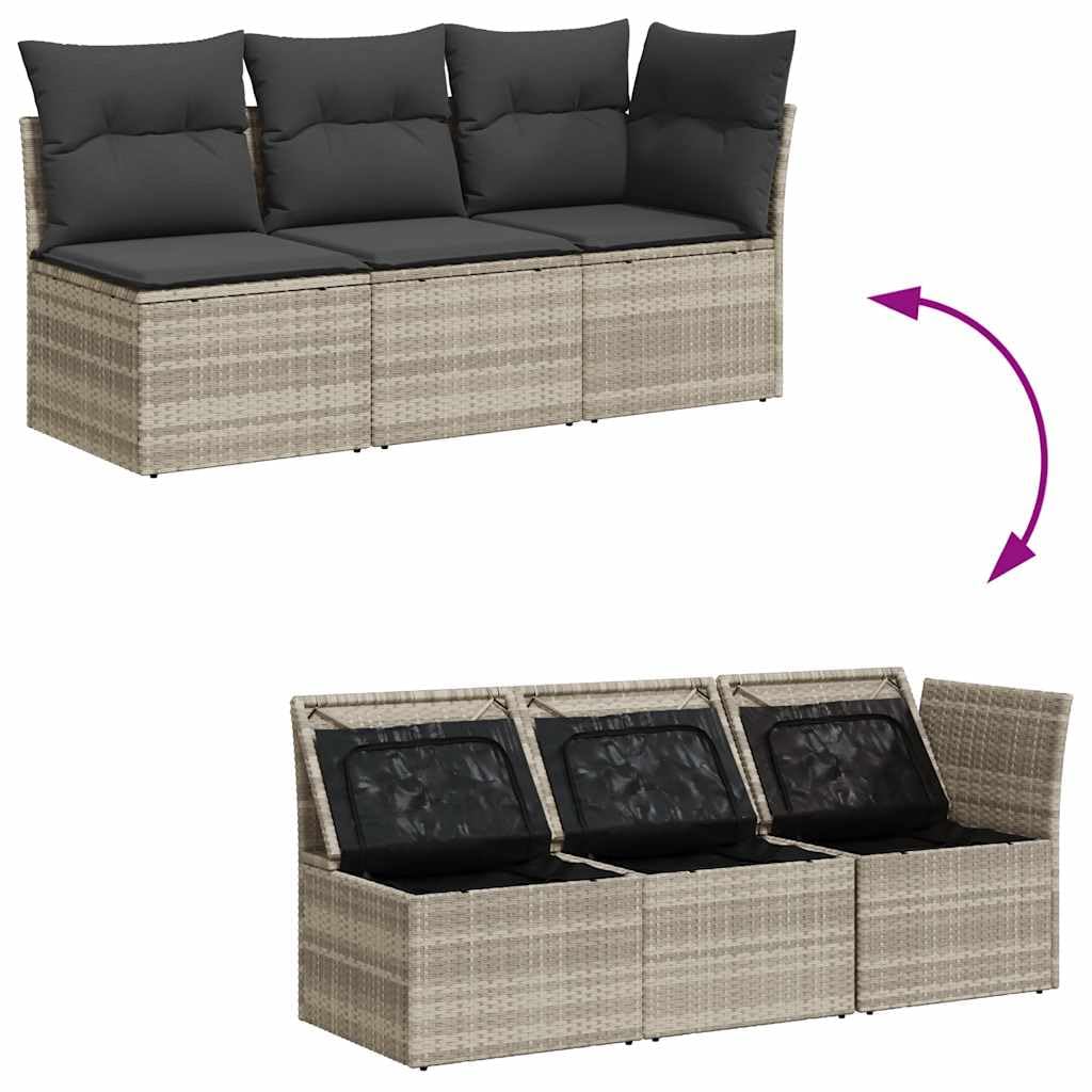 vidaXL Gartensofa mit Kissen 3-Sitzer, Sofa mit Staufach unter Sitzfläche, Terrassensofa mit abnehmbarem waschbarem Bezug, Gartenmöbel Terrassenmöbel, Hellgrau Poly Rattan