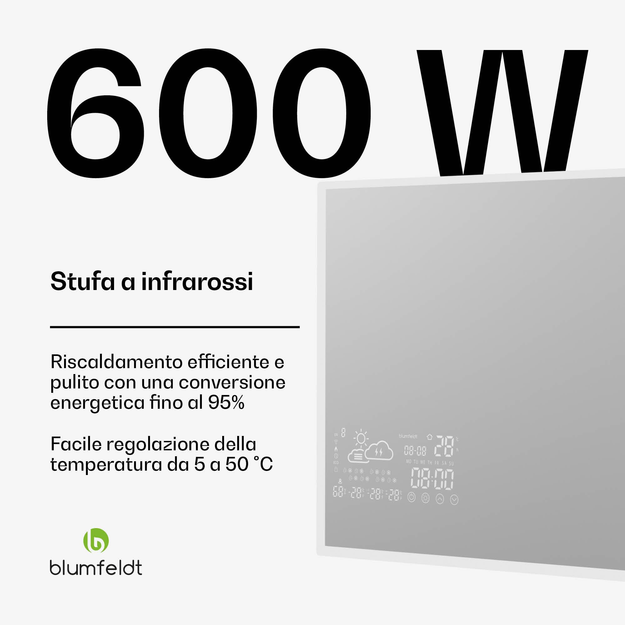 Blumfeldt - Pannello Radiante a Infrarossi, 600W – Specchio Smart, Controllo App & Telecomando, IP44, LED, Blocco per Bambini, Riscaldamento di 12-15m², Montaggio a Parete, WiFi, Bagno