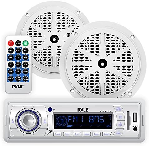 Marine Headunit Receiver Speaker Kit - In-Dash LCD Digital Stereo w/ AM FM Radio System 5.25โโ Waterproof Cone Speakers (2) MP3/USB/SD Readers Single DIN & Remote Control - Pyle White PLMRKT32WT
