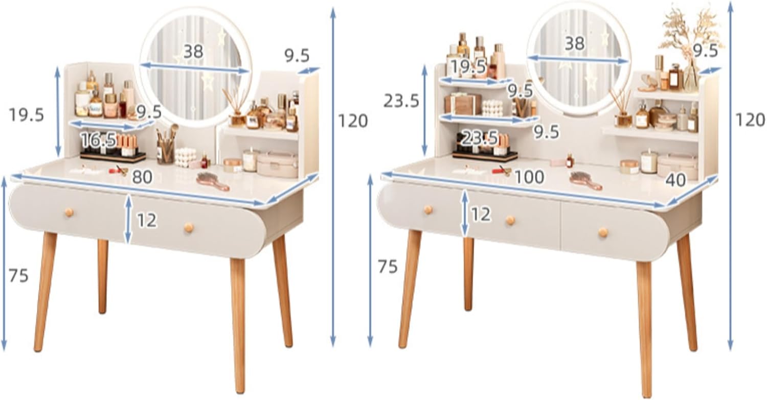 Blyzo 化粧台 鏡台 メイク台 丸いミラー付き、収納力 2引き出し、シンプルでエレガントなベッドルーム用メイクアップドレッサー