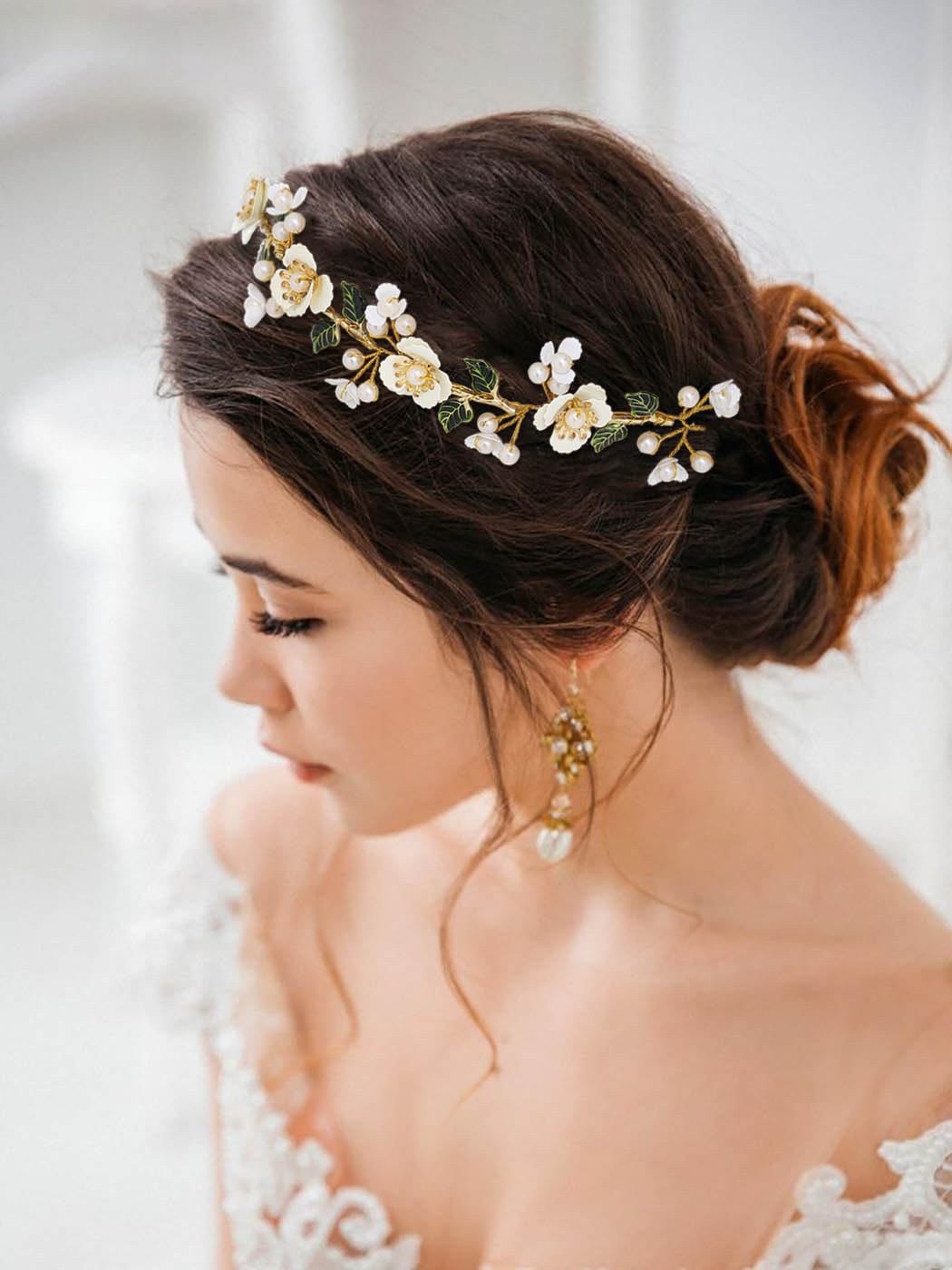 IYOU Bridal Wedding Hair Vines Gold Flower Headband Leaf Pearl Headpiece Bridesmaid Bride Hair Accessories for Women - Image 4