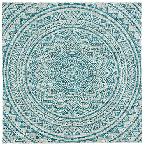 SAFAVIEH Washable Rug Outdoor Courtyard Collection - 9' Square, Light Grey & Teal, Non-Shedding & Easy Cleaning, Ideal for Patio, Backyard, Mudroom (CY8734-37212)