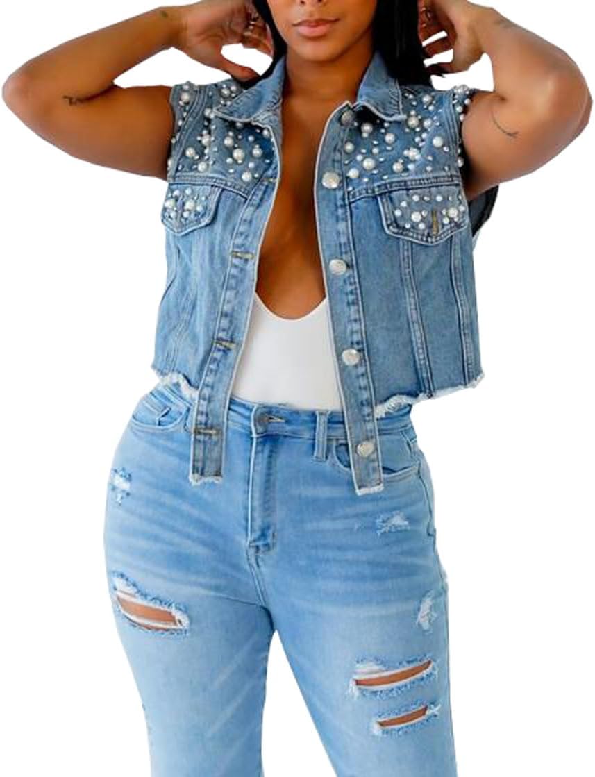 Women's beaded Pearls Short Denim Vest Sleeveless Button Cropped Jean Jacket Tops