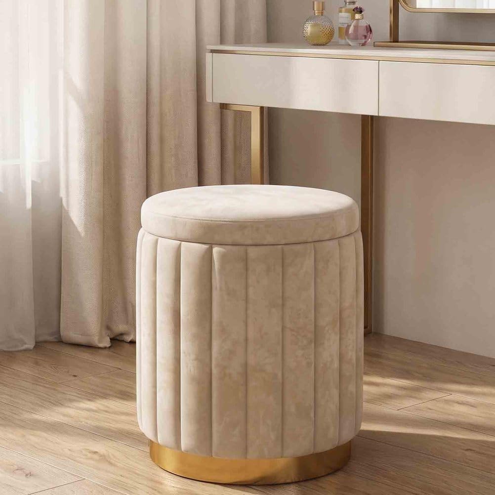 Pouf poggiapiedi Contenitore con Coperchio Rimovibile, Sgabello Pouf Rotondo in Velluto con vano Nascosto, Sgabello Imbottito, Crema | 1