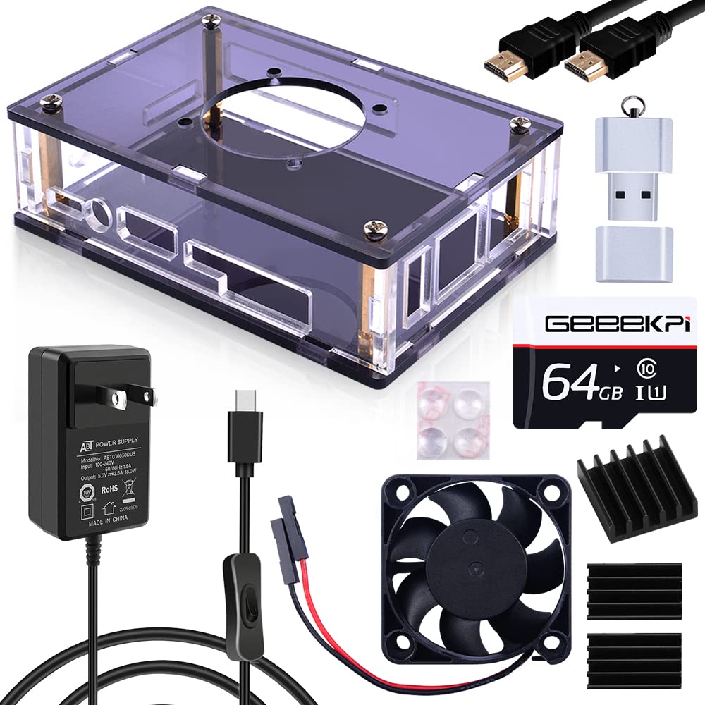 GeeekPi Orange Pi 5/5B Case Kit, Case with Fan, Heatsinks, 18W 5V 3.6A Power Supply, 64GB Card, Card Reader, Micro Cable for Orange Pi 5/5B 4GB/8GB/16GB/32GB