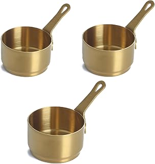 3-Piece Stainless Steel Sauce Cups Set, Mini Condiment Pots with Handles for BBQ, Steak, Coffee, 60-110ml, Dishwasher Safe (gold)