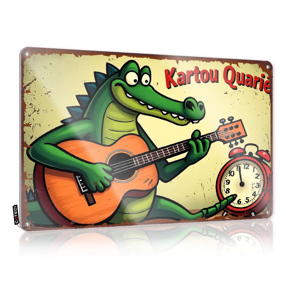 Nice Cool Wall Art Rustic Wall Poster, Door Funny Quote Design For Restaurant Garage | Gift For Camper Anti-rust Metal A Cartoon Crocodile Playing Guitar Next To An Alarm Clock(20X30CM)