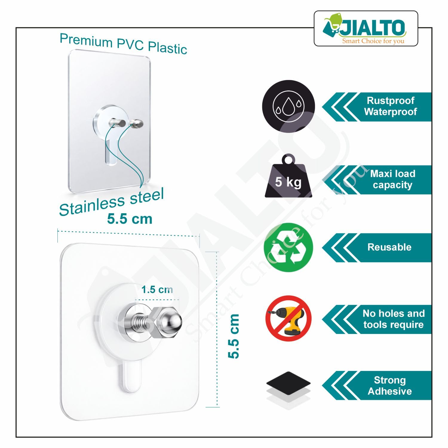 JIALTO Wall Hooks for Hanging Strong, Adhesive Hooks for Wall Heavy Duty, Wall hangings, Kitchen Accessories Items, Sticky Photo Frame Hangers (Pack of 20, Nail Hook)