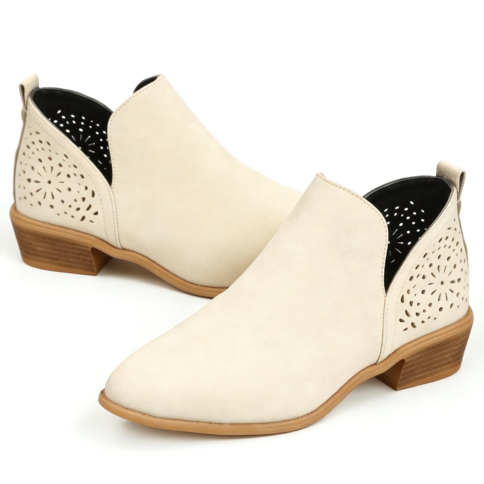 Womens V-Cutout Chunky Heel Ankle Boots Comfort Slip On Pointed Toe Stacked Heel Western Breathable Short Booties For