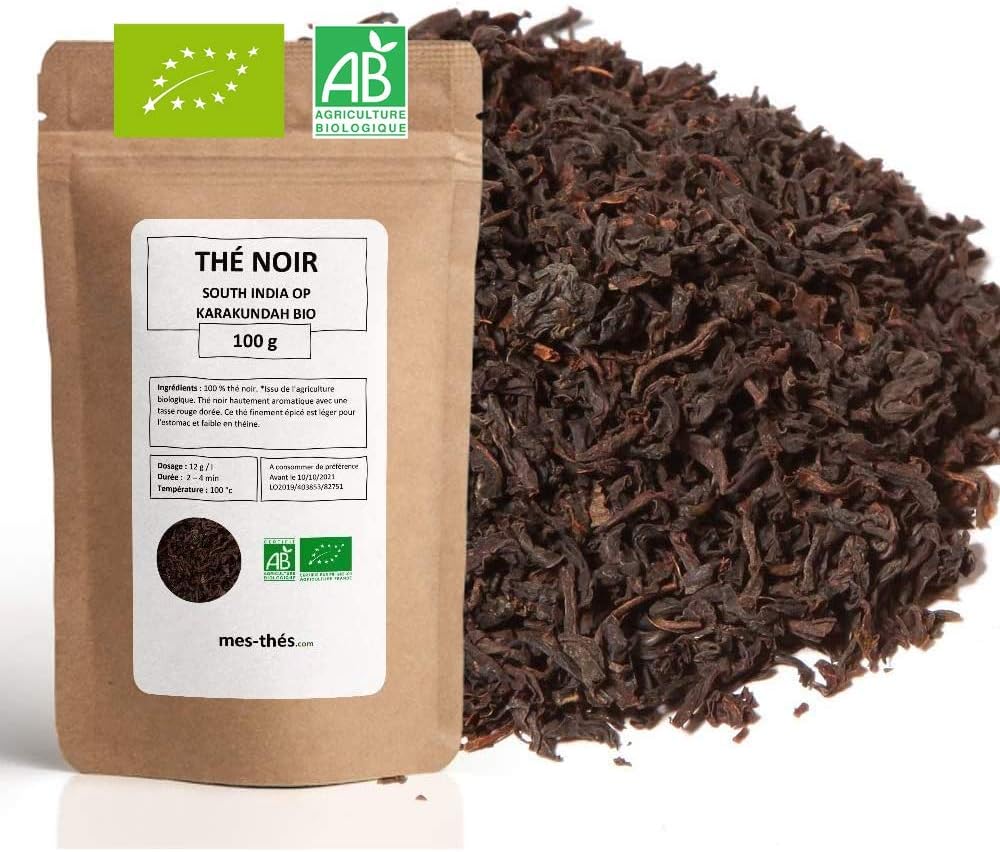 Thé Noir Bio ★ South India Op Karakundah ★ Thé Noir Nature ★ Thé Noir en Vrac ★ Sachet 100 grammes avec Zip ★ 40 Tasses ★ 100 % Agriculture Biologique ★ Thé Noir de Qualité ★ Satisfait ou Remboursé ★