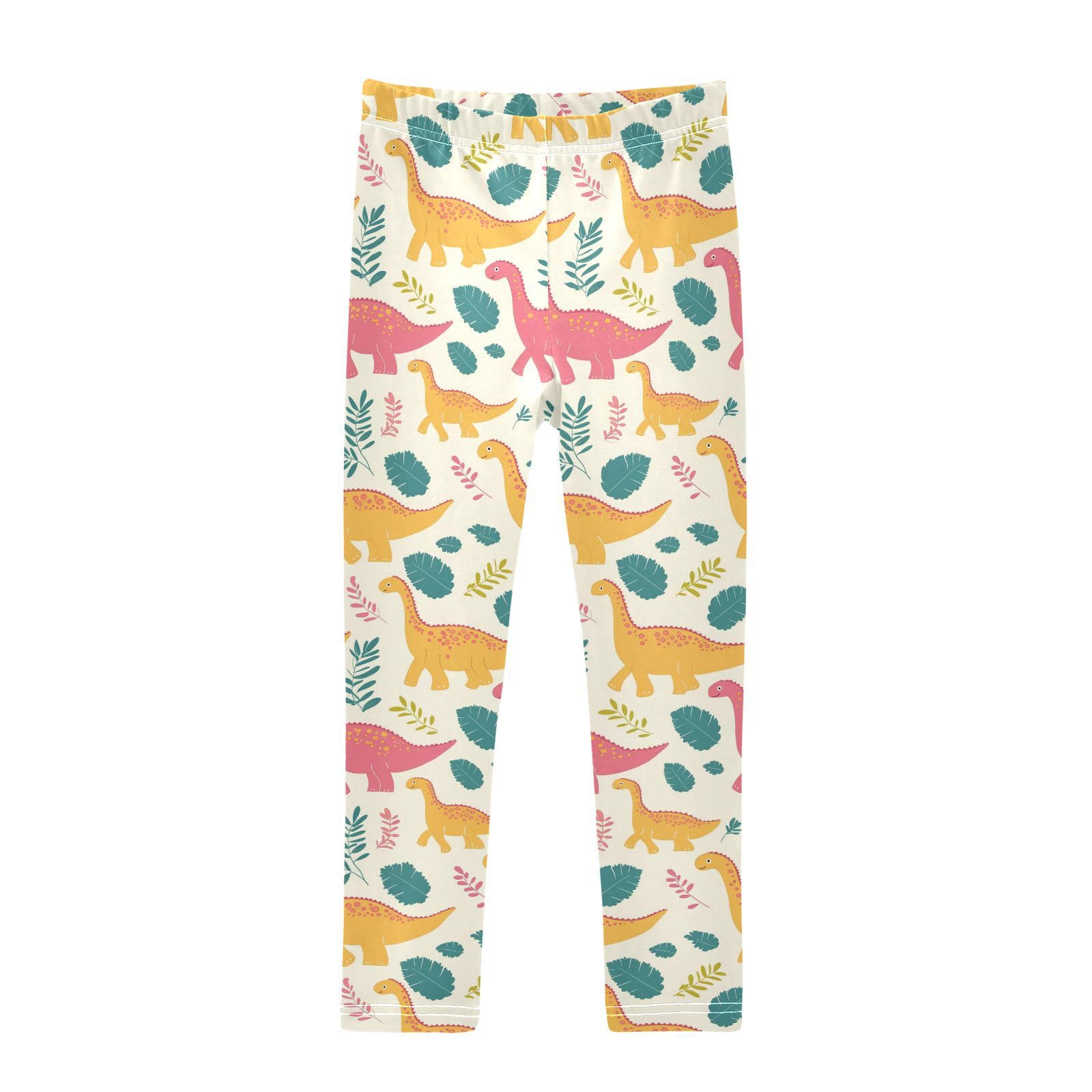 Wusikd Yellow Pink Dinosaurs Girls' Leggings Toddler Doodles Green Leaves Kids Yoga Pants Dance Active Tights 5T