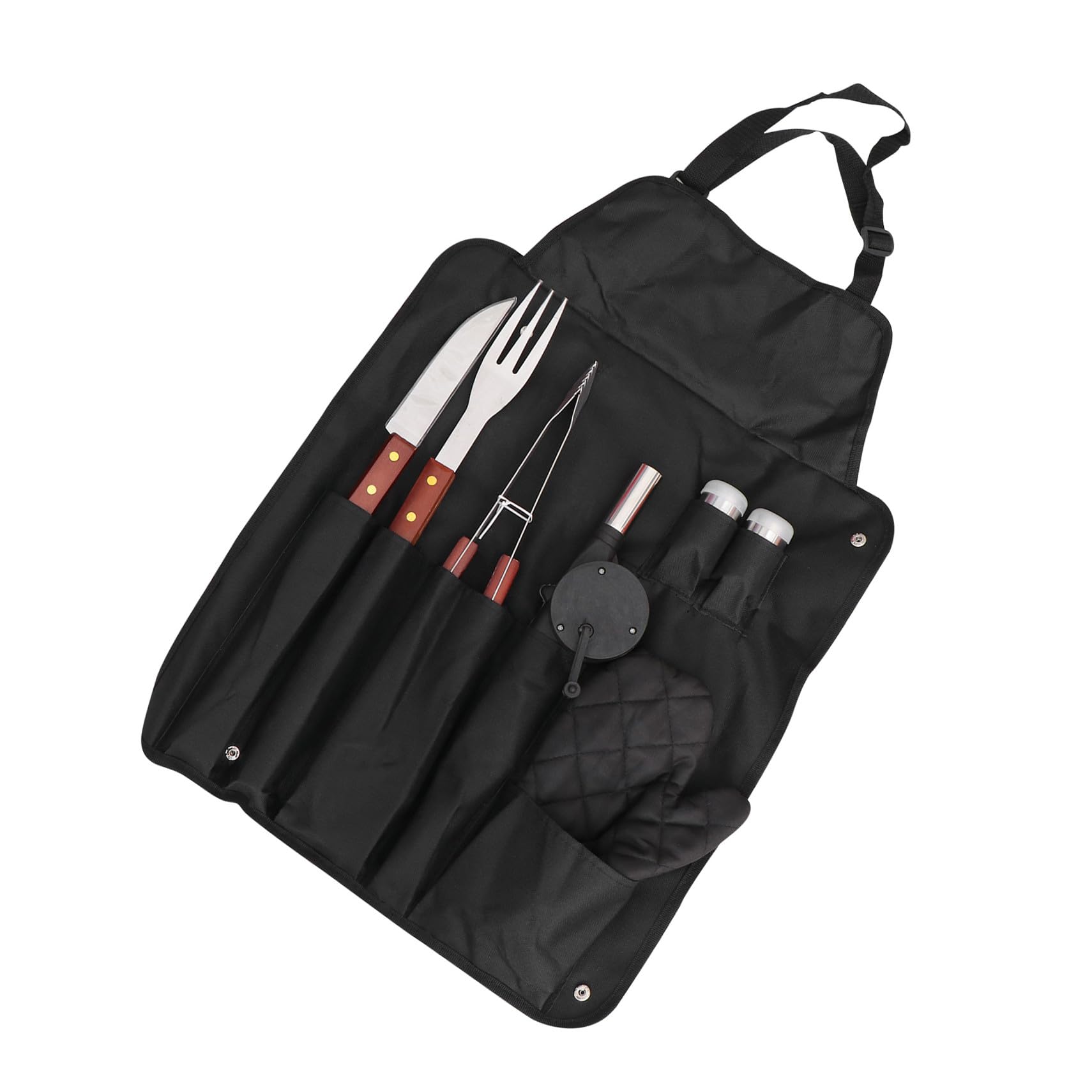 1 Satz Edelstahl Grillbesteck mit Holzgriff, Schwarz, Outdoor BBQ | Grillschürze und Handschuh Enthalten, Aufbewahrungstasche Dabei, für Camping und Grillparty