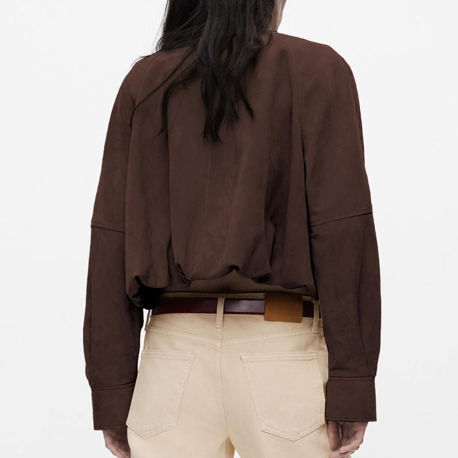 Ainangua Women's Faux Suede Button Bomber Jacket Oversized Gathered Hem Short Coat Casual Cropped Leather Jacket Outerwear - Image 3