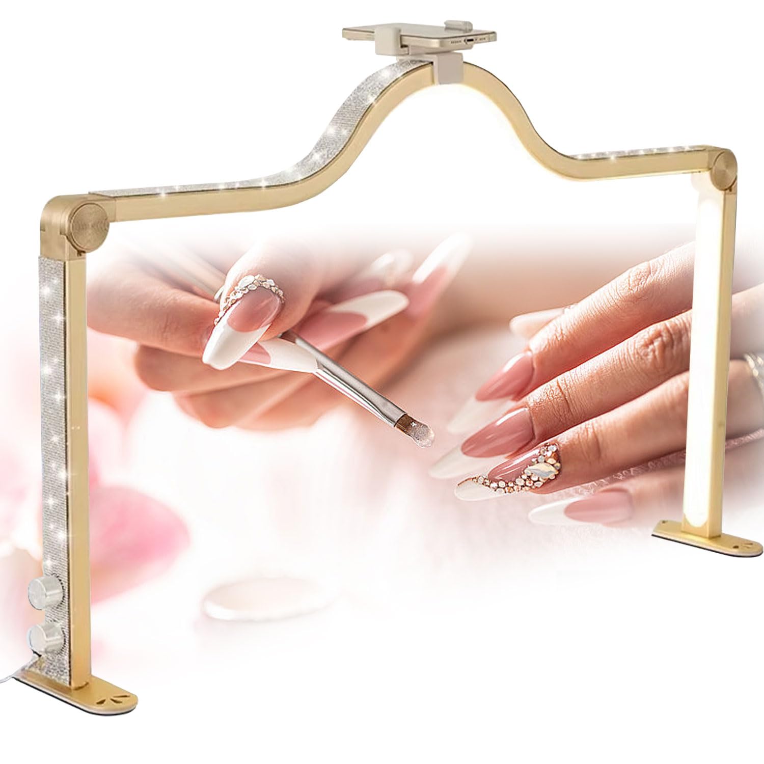 Halbmondlicht für Nageltisch Halbmond-Nagellampe Nageltischlampe Halblicht Nail Tech Licht für Nail Tech Mondlampe mit Telefonhalter Nail Tech,Gold,34 Inch