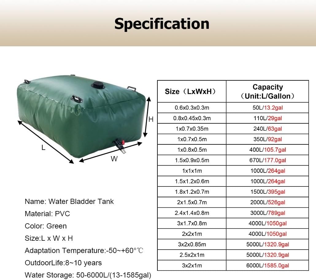 50-6000 Gal Extra Large Water Storage Bag, Farm Agricultural Drought-Resistant Water Container with Faucet, Portable Watering Bladder Tank(Green,1x0.8x0.5m/400L/105.7gal)
