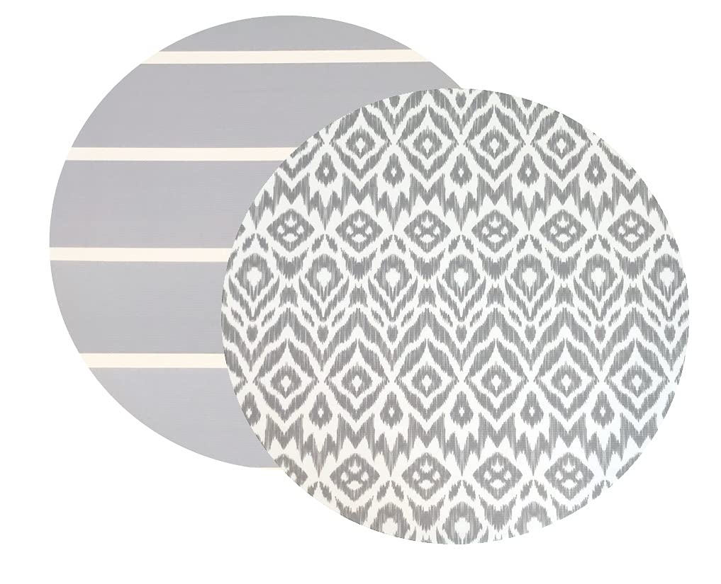 Baby Play Mat | One-Piece Reversible Foam Floor Mat | Large | Eco-Friendly | Extra Soft | Non-Toxic | Baby | Toddlers | Kids (Grey Ikat + Stripe, Round)
