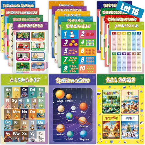Lot de 16 Posters Alphabet Enfant 42x28 cm –Affiches Éducatives Français :Apprentissage complet : Alphabet,Chiffres,C...