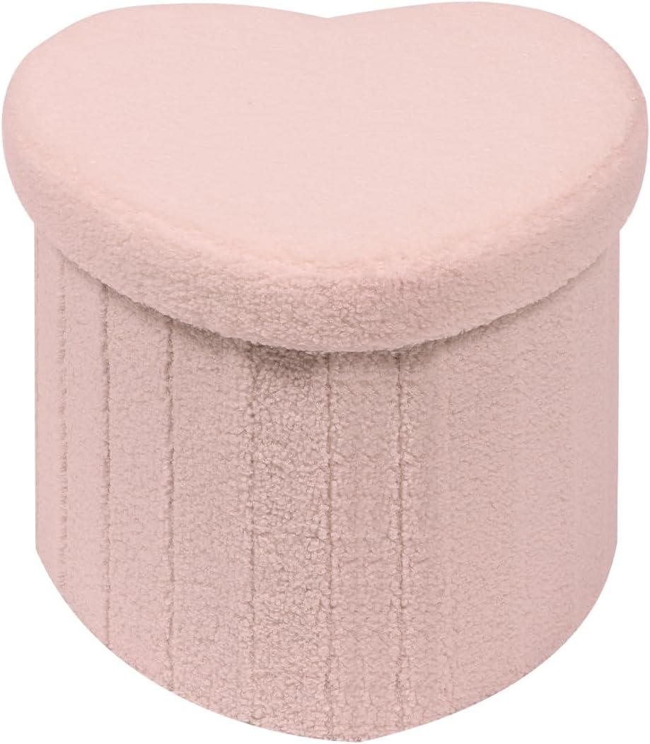 Heart Shaped Ottoman with Storage, Cute Pink Boucle Footstool with Storage, Small Sherpa Footrest Ottoman for Bedroom, Living Room,15"x15"x12.6"