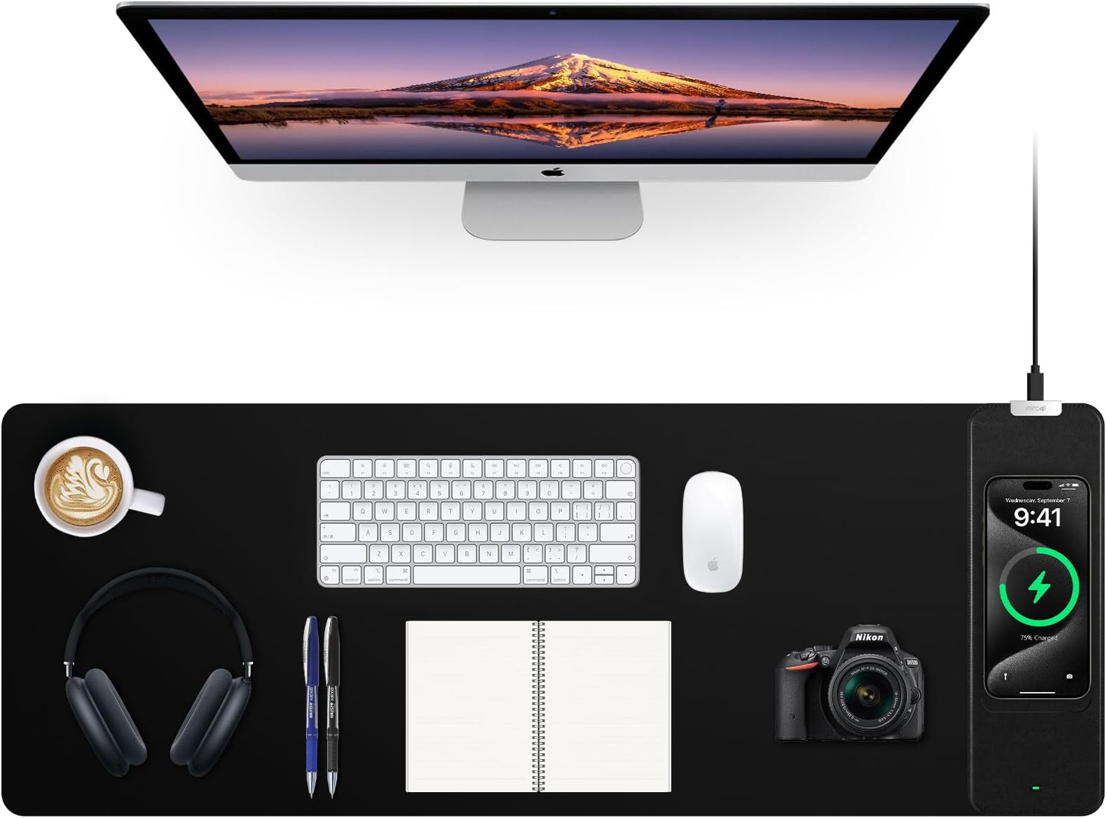 Mouse Pad with Wireless Charging, Black Mousepad Long Desk Mat, Large Gaming Mouse Pad, Soft Mouse Pad Gaming Desk Pad with Non-Slip Rubber Base, Extended Computer Keyboard Mat Office Mice Pad