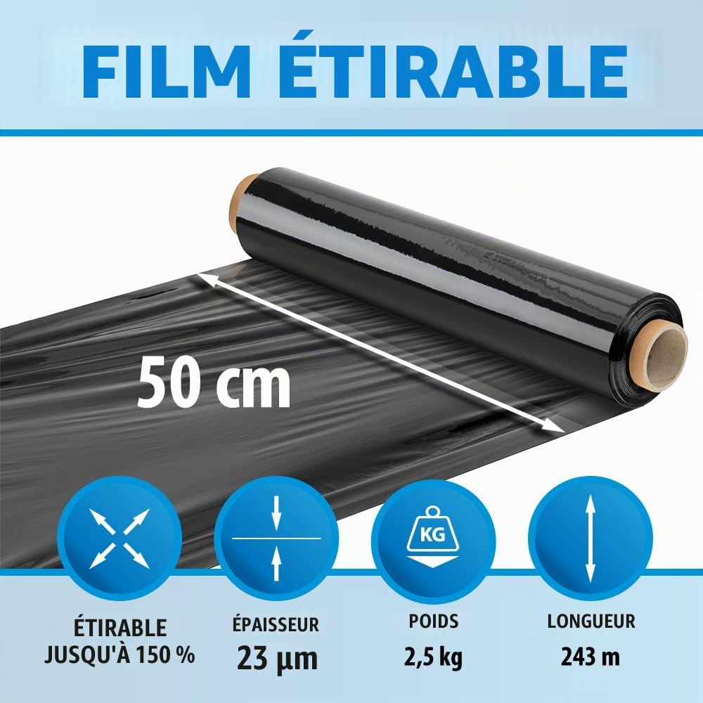Film étirable noir 50 cm x 243 m 23 microns 2,5 kg rouleau